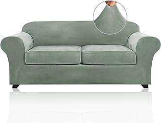 PrinceDeco Couch Cover Velvet Plush Sofa Covers for 2 Cushion Couch Width Up to 90 Inch Washable Furniture Protector Pet Friendly No Slip Sofa Slipcover(Medium-Large, Seagrass)