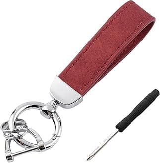 Genuine Leather Car Keychain, Universal Heavy Duty Metal Auto Key Fob Holder with Anti Lost D-Ring for Men Women (Silver-Wine Red)