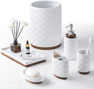 Elegant 6 PCS Ceramic&Wood Bathroom Accessories Set:Soap Dispenser,Toothbrush Holder,Tumbler,Soap Dish,Tray,Trash Can,Easy to Clean,Quatrefoil Pattern,White-Affordable Home Luxury