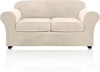 Couch Cover Velvet Plush Sofa Covers for 2 Cushion Couch Width Up to 90 Inch Washable Furniture Protector Pet Friendly No Slip Sofa Slipcover(Medium-Large, Ivory)