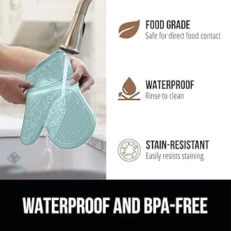 GORILLA GRIP BPA-Free Soft Silicone Oven Mitts and Trivets Set of 4, Heat Resistant and Waterproof Cooking Gloves, Thick Cotton Lining, Flexible Gripping for Baking Grilling, Kitchen Potholders, Mint
