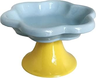 Ceramic Elevated Cat Bowls Flower Dish,Small Raised Dish.Flower Ceramic Raised Bowls for Cats and Small Dogs reducing pet’s Neck Bending and Pressure （Blue Yellow）