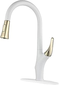 White Gold Kitchen Faucet with Pull Out Sprayer, Faucet for Kitchen Sink 1 or 3 Hole, High Arc 360° Swivel Single Handle Kitchen Mixer Tap for Farmhouse, Rv, Brass