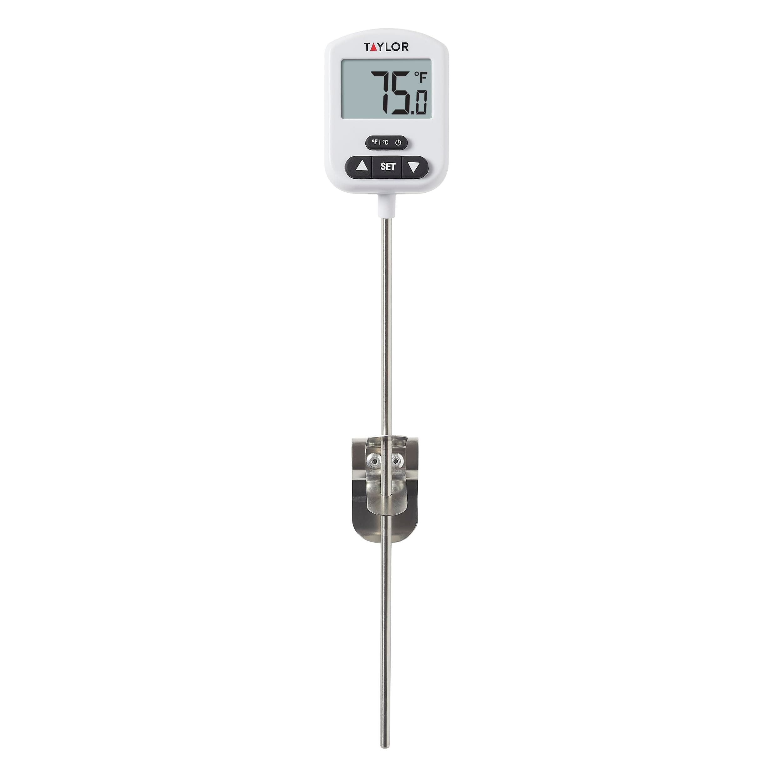 Programmable Digital Candy and Deep Fry Thermometer with Green Light Alert Display, Long Stem, and Adjustable Pan Clip, White