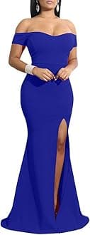 Women's Off Shoulder High Split Long Formal Party Dress Evening Gown Royal Blue