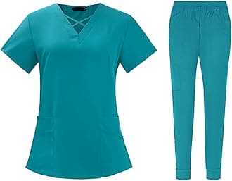 Scrubs for Women Set 2024 Fall Medical Uniform Stretch V-Neck Scrub Top & Jogger Pant with Pockets