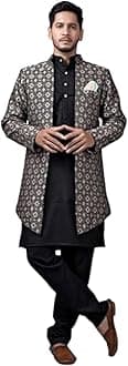 Amzira Men's Woven Printed Cotton Jacuqard Kurta Pajama Jacket with Long Slee...