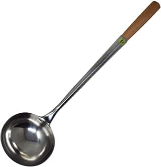 VG® Chinese Authentic Wok Accessories Ladle & Turner Set with Wooden Handles Wok 304 Grade Stainless Steel Spatula with Long Handle Kitchen Cooking Tool (33cm Ladle)