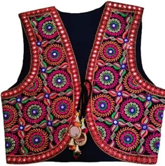 Outerwear Womens Multicolor Cotton Handmade Traditional Rajasthani Design front Embroidered Kutchi Work Jacket/Koti