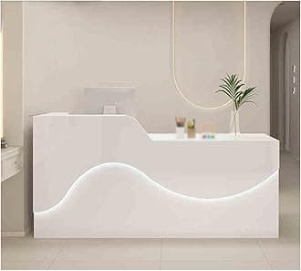 Modern Reception Desk with Spacious Desktop & Large Storage, Stylish Front Office Desk for Receptionists, Atmosphere Lighting Design, Beautiful & Practical (White, 120CM Right)