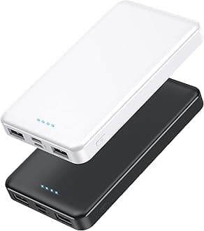[2 Pack] Portable Charger Power Bank 10000mAh,Ultra Slim Compact External Battery Pack with USB C Input & Dual USB Outputs Backup Charger Compatible with iPhone 13,12, Samsung S20,Tablet -Black+White
