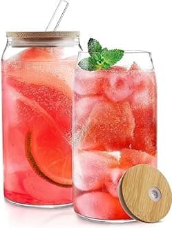 KELVEE Beer Can Shaped Tumbler with Glass Straw and bamboo Lid 540ml, Iced Coffee & Tea Cups for Straw and Direct Drinking Mouth Dual Use, Summer Travel Bottle Pack of 1 (Beer Can With Bamboo Lid - 1)