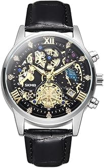 Mens Watches, Upgraded Gear Design Mens Skeleton Watch, Chronograph Luxury Diamond Dress Business Analog Quartz Wrist Watches for Men, 100fts Waterproof Luminous Moon Phase, Unique Gift for Mens