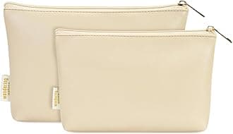 Wandering Nature Makeup Bag Small Cosmetic Bag for Purse 2 Pack Small Make Up Pouch Vegan Leather Cute Travel Pouch with Zipper for Women,Beige