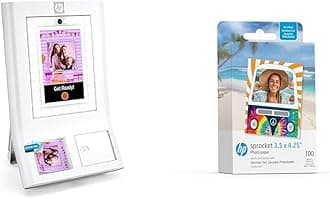 HP Sprocket Photobooth Instant 3x4” Color Photo Printer (White) Capture & Customize with 250+ Frames, Sprocket 3.5 x 4.25” Zink Sticky-Backed Photo Paper (100 Pack)