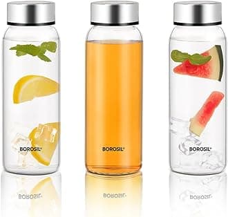 Borosil Crysto Wide Mouth Glass Water Bottle with Stainless Steel Lid | 750ml, Borosilicate Glass, Leakproof, Easy to Carry, Fridge & Dishwasher Safe | Can Use For, Lassi, Juice, Smoothies (3 Pc Set)