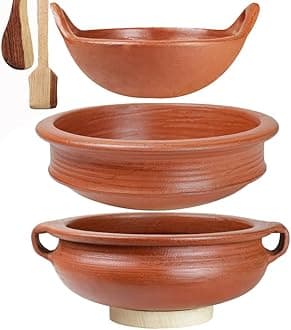 Craftsman India Online Uncoated Clay Handi/Pot for Cooking and Serving Combo 1, 2 & 2 Liter, Red