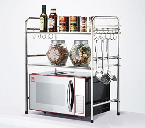 DEKDEJA Durable 2-Tier Microwave Oven Storage Rack Kitchen Tableware Shelves Counter and Cabinet Shelf with 10 Side Hooks