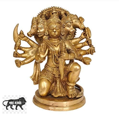 Brass Mart Asta Dhatu (8 Metals) Made Five (5) Faced Hanuman ji Idol/Brass Panch Mukhi Bajrang Bali Idol from Vrindavan 200 GMS