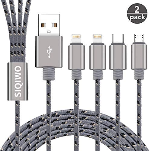 SIQIWO 3A Multi USB Charger Cable 4FT/2Pack, 4 in 1 Fast Charging Lead Cord with Dual IP/Type C/Micro USB Port, Compatible with Phone 11 Xs Xr X 8 Plus, Samsung Galaxy Google Pixel LG Huawei Sony HTC