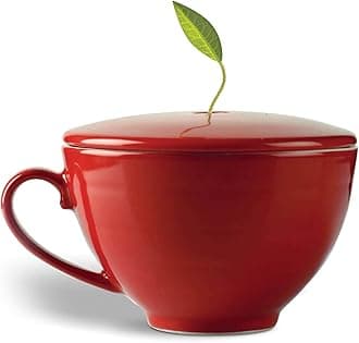 Tea Forte Cafe Cup Ruby Red Porcelain Tea Cup and Lid, Steeps 8 oz., Microwave and Dishwasher Safe