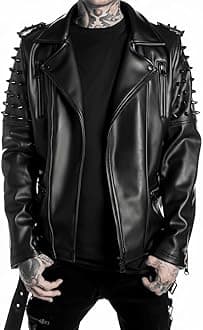 Men's Brando Notch Lapel Collar Punk Studded Spikes Real Motorbike Black Leather Jacket Rider Rock Classic Streetwear