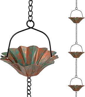 10 FT Lotus Rain Chain, Rain Chains for Gutters with 12 Bronze Cups, Adjustable Rain Catcher Chain with Bell for Eaves Drainage, Replacement for Downspout