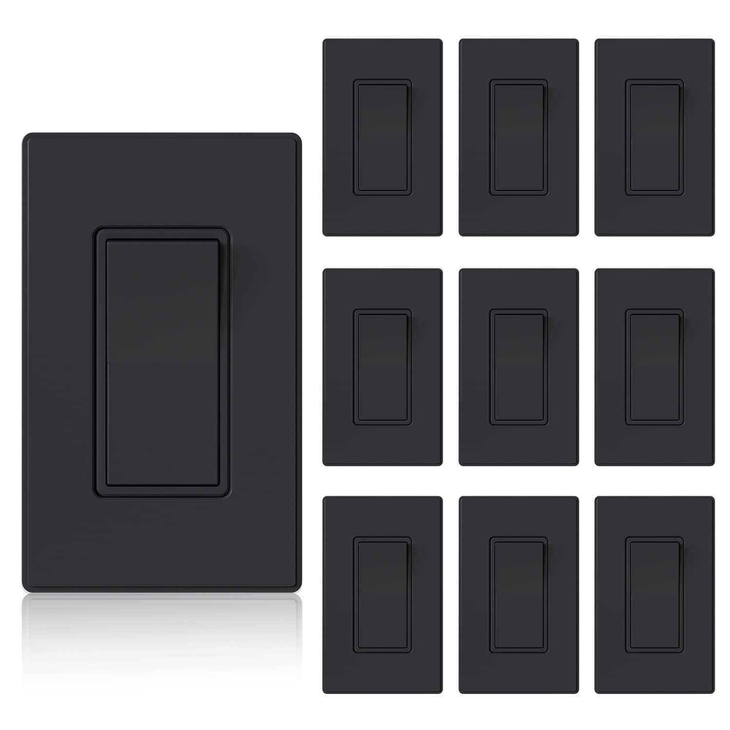ELEGRP Matte Black 3 Way Decorative Light Switch with Plate, 15Amp, 120-277 Volt, AC Rocker Paddle Wall Switch Replacement, Self-Grounding, Residential Grade, w/Wall Plate, UL Listed (10 Pack)