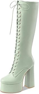 Women's High Chunky Heel Platform Knee High Boots Fashion Leather Lace Up Heeled Long Boots Wide Calf