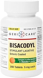 Bisacodyl 5mg Stimulant Laxative Enteric Coated Tablets, Fast-Acting Constipation Relief, Promotes Regular Bowel Movements, 200 Count (Pack of 1)