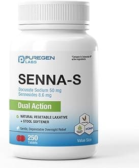 Puregen Labs Senna-S Natural Vegetable Laxative Plus Stool Softener Dual Action - 250 Tablets Senna Plus | Gentle Dependable Overnight Relief of Occasional Constipation
