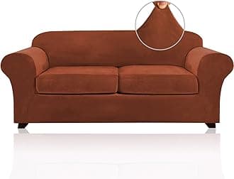 PrinceDeco Couch Cover Velvet Plush Sofa Covers for 2 Cushion Couch Width Up to 90 Inch Washable Furniture Protector Pet Friendly No Slip Sofa Slipcover(Medium-Large, Rust)