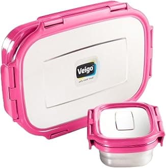 Veigo Jumbo Insulated [New Launch] Pink Stainless Steel Lunch Box with Small Veg Box | Unbreakable Lid| Leakproof| Airtight| Easy to Open (950+180ML) Kids Office School Picnic & Travelling