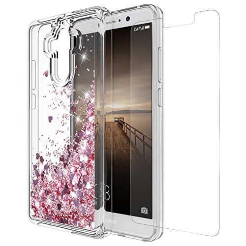 Huawei Mate 9 Case, Mate 9 Case with Tempered Glass Screen Protector Cute Glitter Bling Luxury Fashion Liquid Quicksand for Teen Girls Women Clear TPU Bumper Cover for Huawei Mate 9 Pink