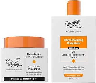 Exfoliating Body Scrub For Removing Tan & Dead Skin Cells 75g + Chemist At Play Exfoliate Body Wash 236ml | Removes Tan, Fights Body Acne, Strawberry Skin | 4% (Salicylic Acid, Vitamin E & Lactic Acid) | Gentle Exfoliating Shower Gel