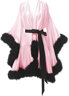 Changuan Women's Feather Robe Silk Satin Fur Bridal Robe Short Dressing Gown Bathrobe Lingerie Nightgown Sleepwear
