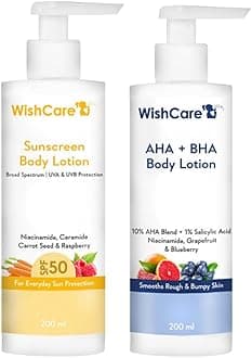 WishCare All Skin De-Tan Combo - AHA BHA Body Lotion & SPF50 Sunscreen Lotion 200ml Each