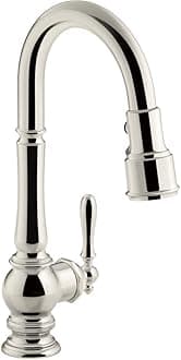 KOHLER K-99261-SN Artifacts Single-Hole Kitchen Sink Faucet with 16-Inch Pull-Down Spout, 3-Function Sprayhead, and Turned Lever Handle, Vibrant Polished Nickel