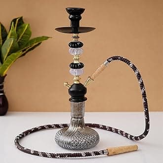 Traditional Glass Hookah Set with Decorative Stem, Brown Woven Hose, 18 Inch Height