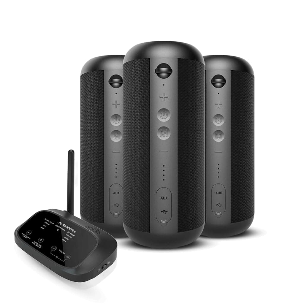 Harmony 2 Wireless Stereo Speaker System for Multiroom and Parties, 1 Transmitter with 3 Bluetooth Speakers, Individual Volume, Expandable up to 100 Multi Speakers