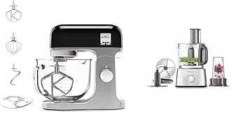 kMix Stand Mixer for Baking, Stylish Kitchen Mixer with K-beater, Dough Hook and Whisk, 5L Glass Bowl, 1000 W, Black & FDP65.180SI 2 in 1 Food Processor Multipro Express, Silver