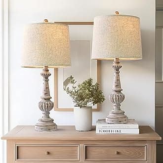 PORTRES24.5" Traditional Table Lamp Set of 2 for Living Room Linen Fabric Lampshade Bedside Nightstand Lamps for Bedroom Kids Room Study Room Office Rustic Table Lamps Resin