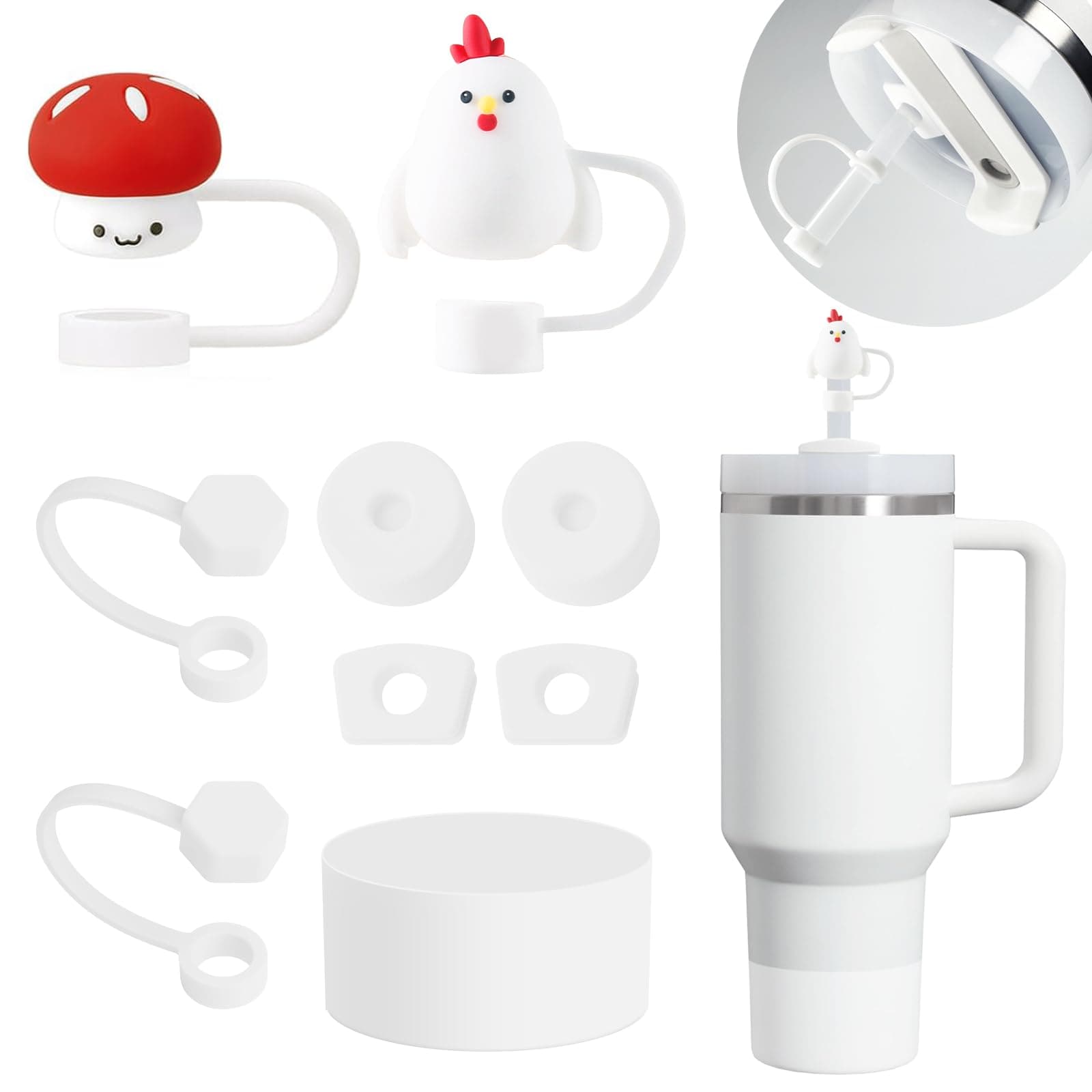 Stanley Cup Accessories Set Including 6 Pcs Silicone Spill Proof Stopper, 2 Straw Cover Cap For 9-10 Mm Straws, 1 Boot 40Oz & 30Oz Tumbler (Frost)