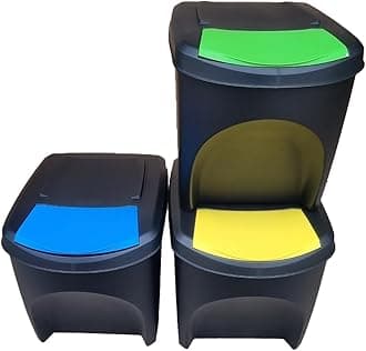 Large Stackable Recycling Bins Set of 3x25L (Brand KrysGo) - Customizable Lids with Recycling Stickers - Waste Sorting for Home, Kitchen, Office (Black + Multi Coloured)