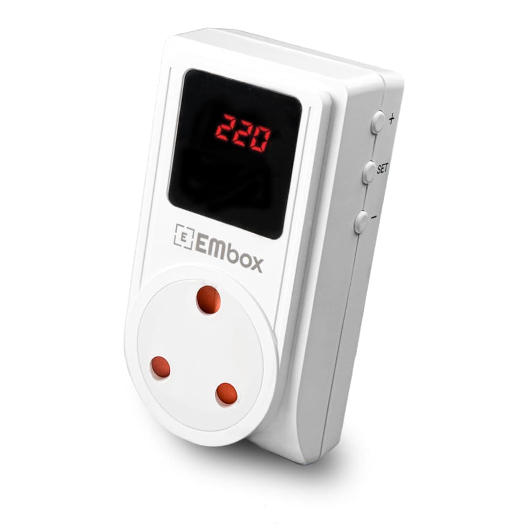 Embox Surge Protectors | Automatic Digital Voltage Protector 250V | Smart Plug 16amp Socket | Over Voltage Under Voltage Protection | LED Display Screen for Voltage Regulator of Appliances 16 amp