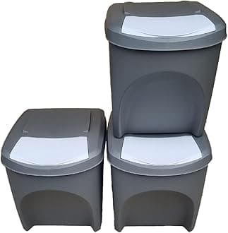 Large Stackable Recycling Bins Set of 3x25L (Brand KrysGo) - Customizable Lids with Recycling Stickers - Waste Sorting for Home, Kitchen, Office (Grey + White)