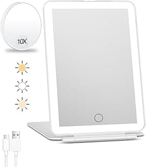 FUNTOUCH Rechargeable Travel Makeup Mirror with Lights and 10X Magnifying Mirrors, Portable Lighted Vanity Mirror with 80 Led,2000mAh Battery,3 Color Lighting,Touch Dimming,Tabletop Light up Mirror