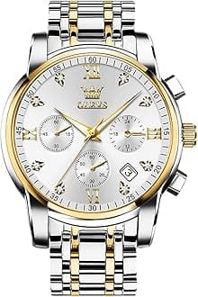 OLEVS Men's Gold Watches with Two Tone Stainless Steel Band, Classy Large Face Diamond Chronograph Watches for Men, White Face/Two Tone Strap, round