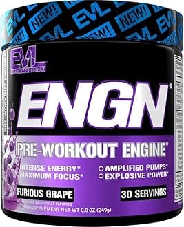 Evlution EVL Intense Pre Workout with Creatine - ENGN Energizing Pre Workout for Men Powder Drink for Lasting Energy Focus and Recovery - with Beta Alanine Caffeine and L Theanine - Furious Grape