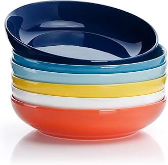 Pasta Bowls, 30 Ounce Salad Serving Bowls Set of 6, 8.4 Inch Porcelain Plates for Serving Dinner, Salad - Microwave Dishwasher Safe, Hot Assorted Colors